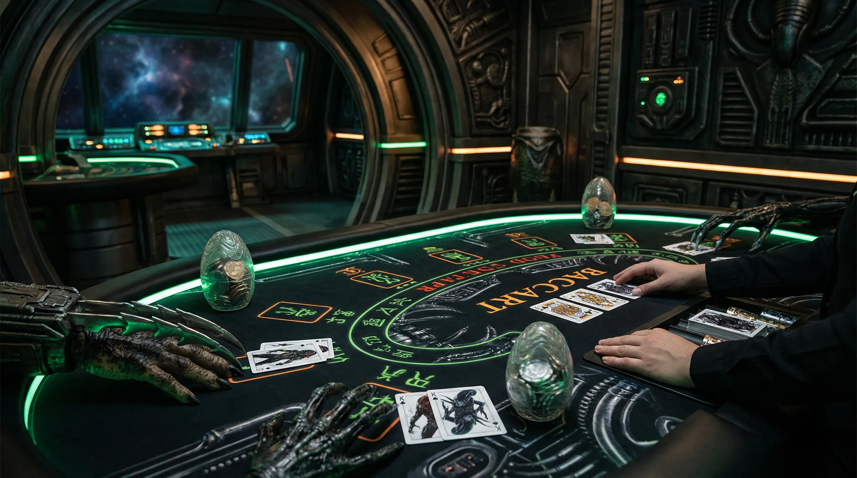 Bacará Interestelar - Mesa de bacará em nave espacial com ovos alienígenas